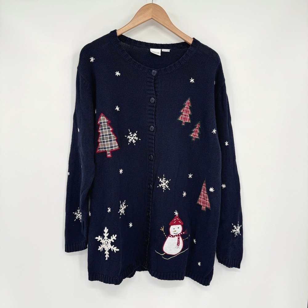 Cherokee‎ Navy Blue Embroidered Tree/Snowman Knit Button Front Sweater Women's
